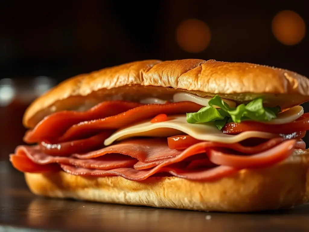 An appetizing image of the 'Italian' sub sandwich, highlighting its Genoa salami, pepperoni, Virginia honey ham, provolone cheese, and Italian dressing, served on a toasted roll.