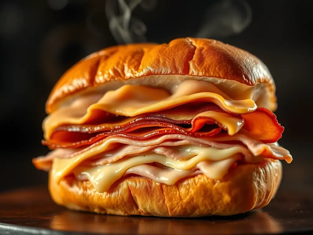 A mouthwatering close-up shot of a fully loaded 'Hook & Ladder' sub sandwich, showcasing its layers of smoked turkey breast, Virginia honey ham, and melted Monterey Jack cheese, served hot on a toasted roll.