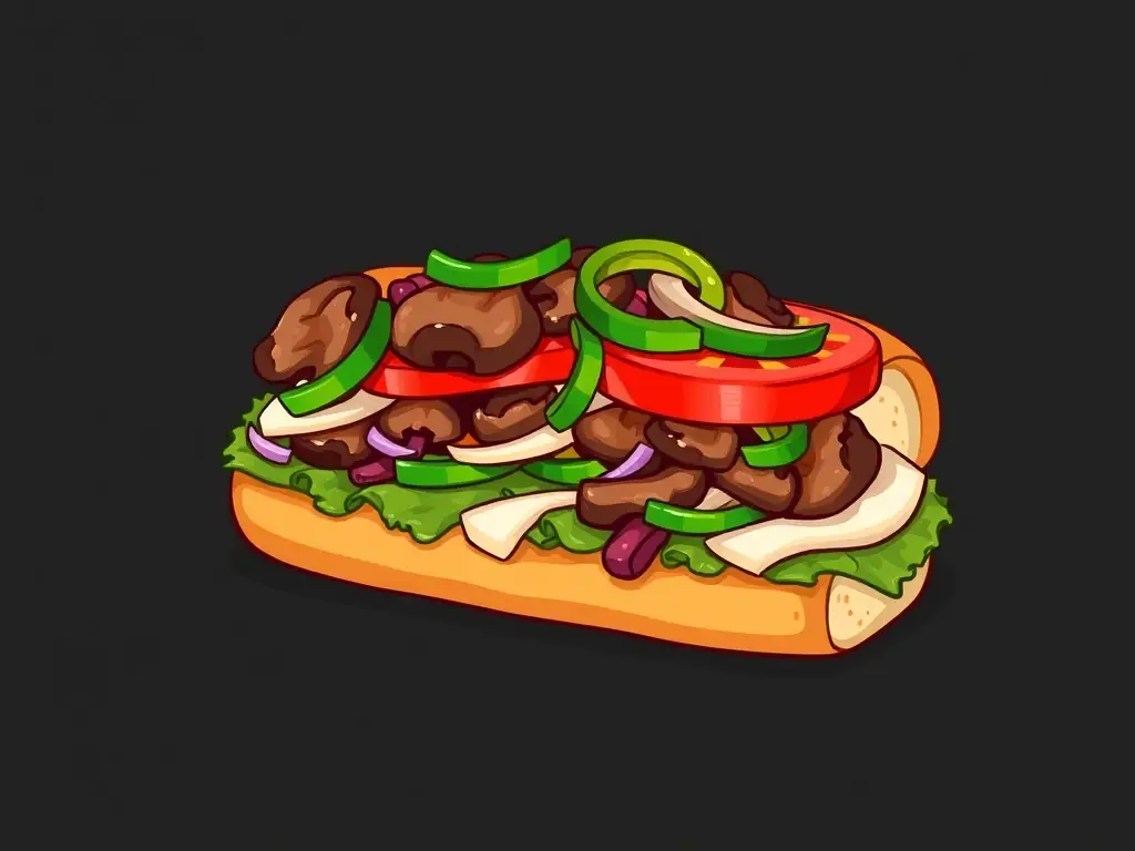 A vibrant photo of the 'Veggie' sub sandwich, showcasing its fresh assortment of sautéed mushrooms, green bell peppers, onions, lettuce, tomato, and various dressings on a toasted roll.